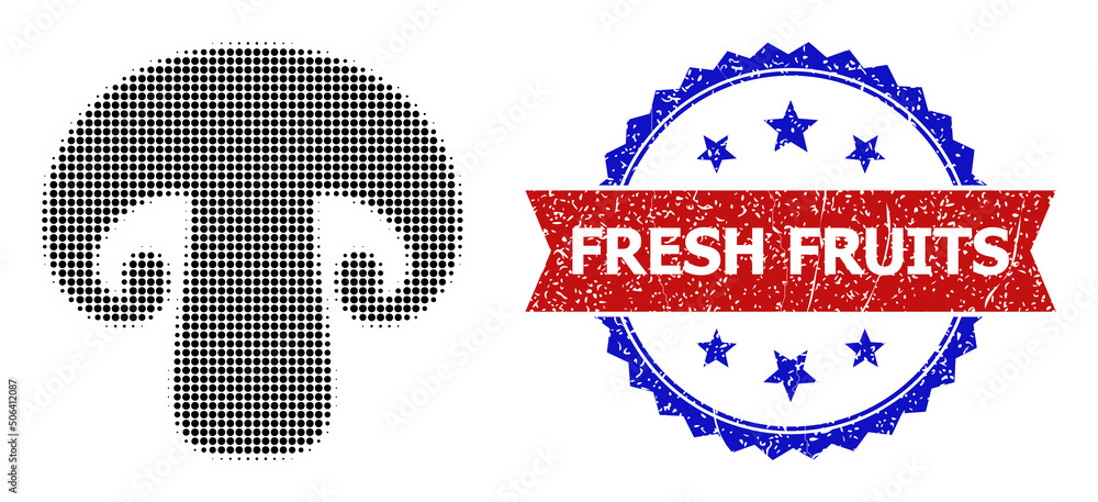 Poster halftone champignon icon, and bicolor unclean fresh fruits stamp. halftone champignon icon is design