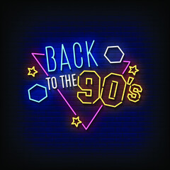 Back To the 90's Neon Sign On Brick Wall Background Vector