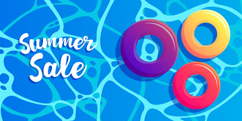 Summer sale vector background. Sea water with swiming circles business promotion flyer. Special offer for vacation illustration.