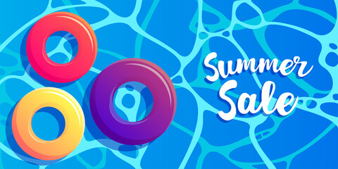 Summer sale vector background. Sea water with swiming circles business promotion flyer. Special offer for vacation illustration.