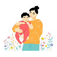 Portrait of young mom holding her baby on hands. Mother standing with her infant kid. Vector flat illustration