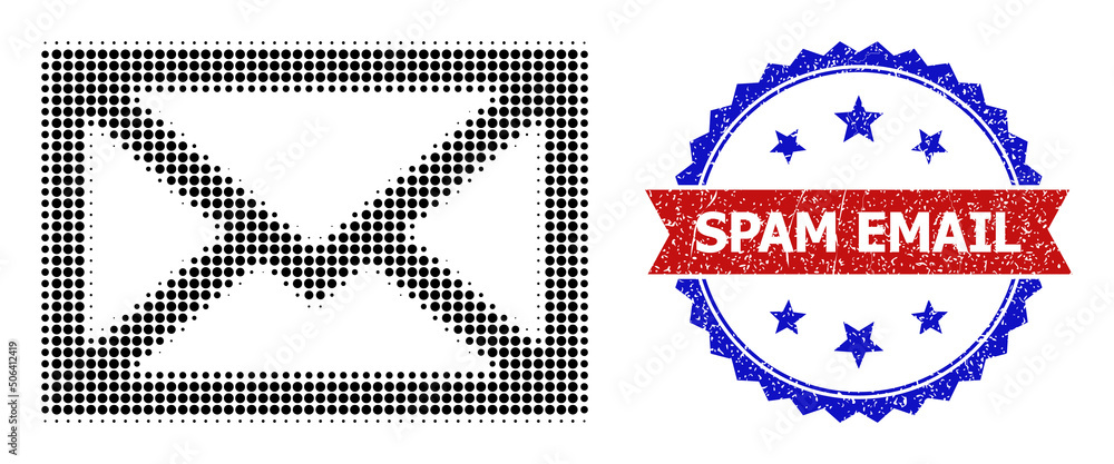 Poster halftone mail envelope icon, and bicolor unclean spam email seal stamp. halftone mail envelope icon 