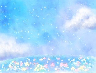 星空と花畑のイラスト　背景壁紙　水彩