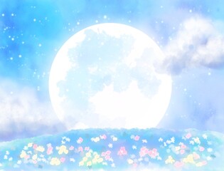 大きな満月と花畑　背景壁紙　水彩イラスト