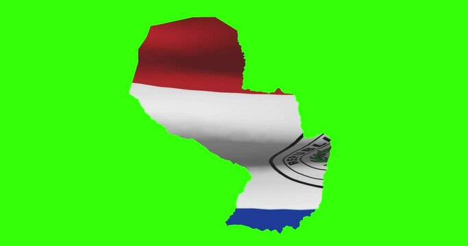 Paraguay country shape outline on green screen with national flag waving animation