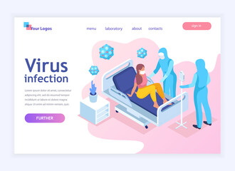 Virus diagnostics in hospital templates for websites etc. Medical workers in protection costumes during an epidemic and patients in a hospital bed. Modern isometric illustration.