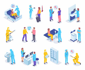 Virus diagnostics in hospital. Medical workers and patients. Isometric vector illustration showing virus prevention measures, protect medical workers during an epidemic, early diagnosis of the disease