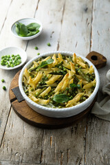 Homemade pasta bake with green pea