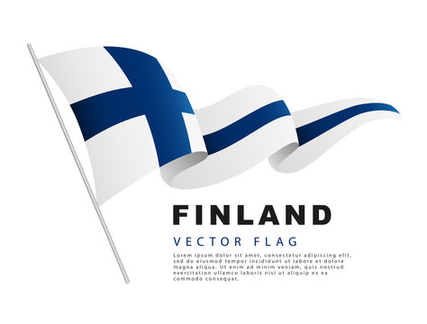 The flag of Finland hangs on a flagpole and flutters in the wind. Vector illustration isolated on white background.
