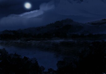 the night , lake and mountain