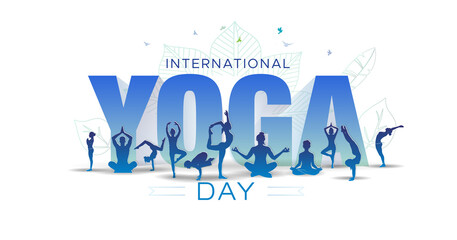 Yoga concept with International yoga day Text. Yoga Body Posture exercise. Group of people practicing yoga.