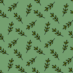 Fototapeta na wymiar Seamless pattern with simple green branches on cold green background. Doodle style. Vector image.