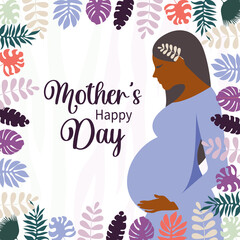 Happy mother's day. A young pregnant woman in a blue dress is happy that she is expecting a baby. Modern postcard with tropical leaves. 