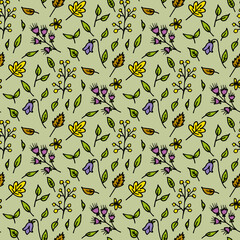 Seamless pattern with simple yellow and violet flowers on light green background. Doodle style. Vector image.