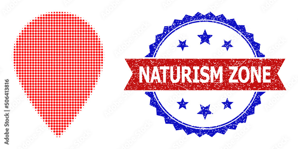 Poster halftone map pointer icon, and bicolor grunge naturism zone watermark. halftone map pointer icon is 