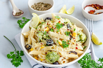 Vegetarian White Sauce Penne Pasta Close Up Photo