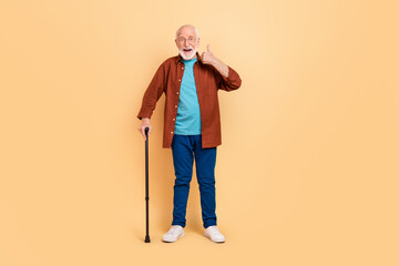 Full length image of happy pensioner go on walk recommend you active healthy lifestyle isolated on beige color background