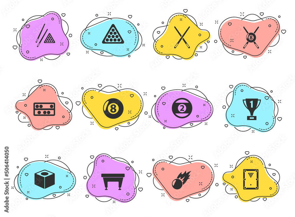 Poster billiards glyph vector icons on color bubble shapes isolated on white background. billiards icon set