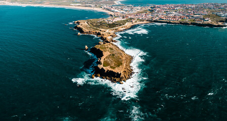 Aerial drone view of Peniche Portugal. Surfers City at Atlantic ocean coast