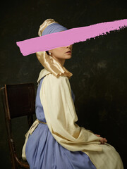 Portrait of young woman wearing historical costume, corset dress and bonnet with pink stroke paint...