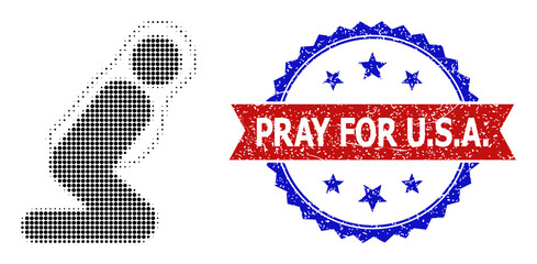 Halftone praying woman icon, and bicolor dirty Pray for U.S.A. seal stamp. Halftone praying woman icon is constructed with small round items. Vector seal with retro bicolored style, Pray for U.S.A.