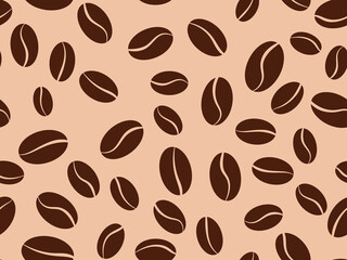 Coffee grains seamless pattern. Roasted coffee beans. Background design with coffee beans on a beige background for print, posters and promotional items. Vector illustration