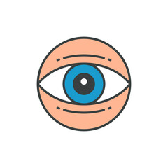 Human eye blue lens with eyeball and eyelids circle pop art sticker groovy contoured vector cartoon
