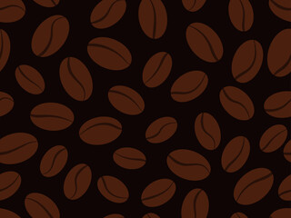Coffee grains seamless pattern. Roasted coffee beans. Background design with coffee beans on a black background for print, posters and promotional items. Vector illustration