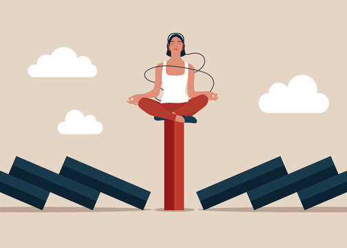 Success Woman Relax And Meditating With Yoga Pose On Standing Domino. Mindfulness Meditation Relax To Reduce Stress And Eliminate Distraction, Calm To Build Energy Or Spiritual Wellness Concept.