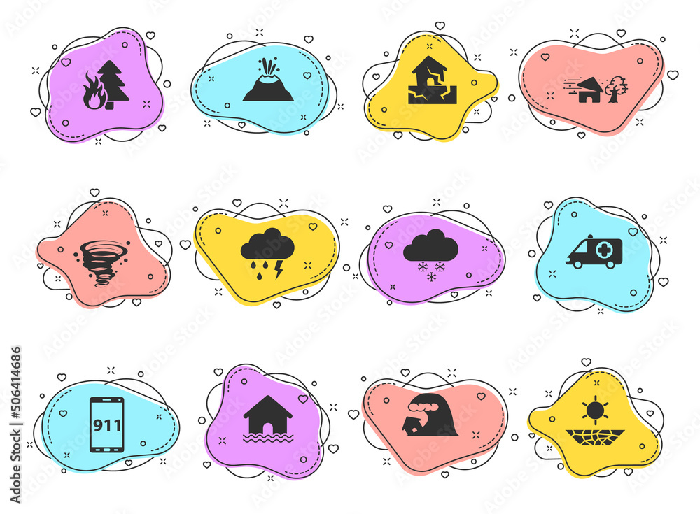 Poster natural disasters glyph vector icons on color bubble shapes isolated on white background. natural di