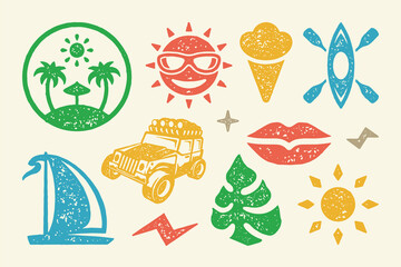 Summer symbols and objects set vector illustration. Jeep for travel with rowboat and sailboat