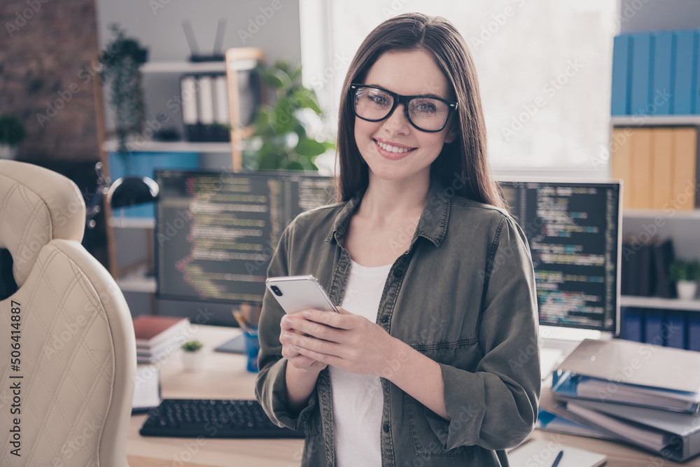 Poster portrait of beautiful cheerful girl leader web developer using gadget app chatting tech solution at 