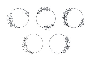 Set of hand drawn vector round frames with olives branches. Line art floral design with olives for invitations, logos, web, menu, greeting cards, posters, monograms, wedding decoration.