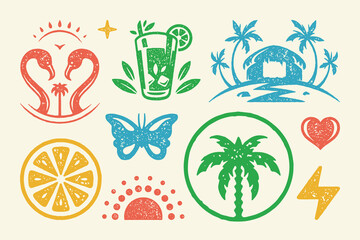 Summer symbols and objects set vector illustration. Glass of lemonade with beautiful butterfly