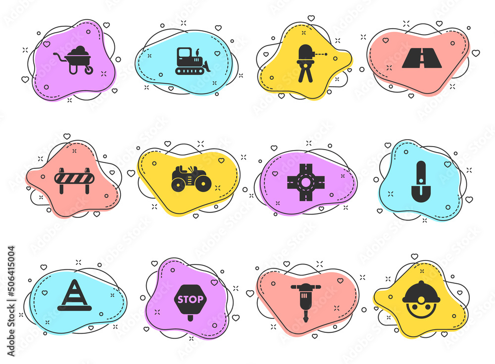 Poster road repairs glyph vector icons on color bubble shapes isolated on white background. road repairs ic