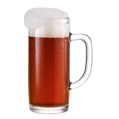 Misted mug of dark beer with foam isolated on white background.