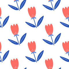 Flowers and leaf seamless pattern. Scandinavian style background. Vector illustration for fabric design, gift paper, baby clothes, textiles, cards