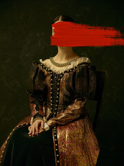 Creative artwork. Portrait of girl wearing antic princess or countess dress with red stroke of...