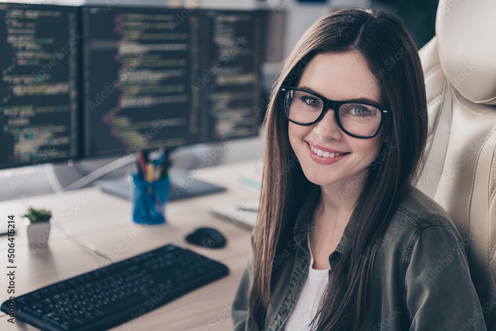 Poster portrait of attractive cheerful experienced girl database editor developing web data at workplace wo