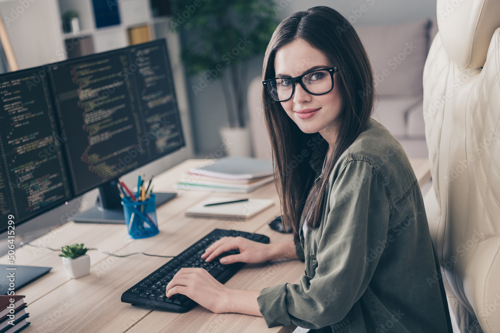 Poster profile side view portrait of attractive skilled qualified girl geek nerd remote web support at work