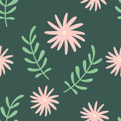 Flowers and leaf seamless pattern. Scandinavian style background. Vector illustration for fabric design, gift paper, baby clothes, textiles, cards