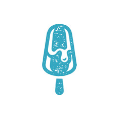 Blue appetizing melting ice cream frost dairy creamy dessert covered by chocolate on wooden stick