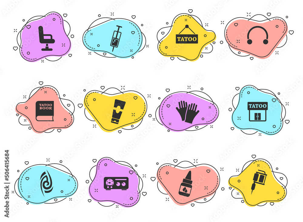 Poster tatoo salon glyph vector icons on color bubble shapes isolated on white background. tatoo salon icon