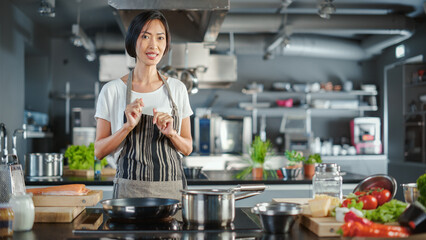 TV Cooking Show Kitchen: Asian Female Chef Talks about Ingredients, Teaches to Cook Food. Online...