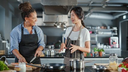 TV Cooking Show Kitchen: Black Female Chef Cuts and Cooks Fish. Online Video Class, Streaming...