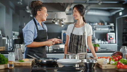 TV Cooking Show Kitchen with Two Master Chefs. Asian and Black Female Hosts Talk. Professionals Teach How to Cook Food, Taste Delicious Dish. Online Video Class Courses. Healthy Dish Recipe Prepare