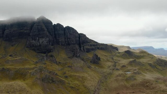 Flight over Old Mand of Storr in Trotternish peninsula of the Isle of Skye in Scotland