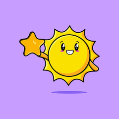 Cute cartoon sun character holding big golden star in cute modern style design