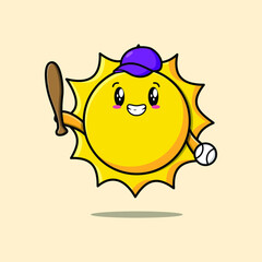 Cute cartoon sun character playing baseball in modern style design