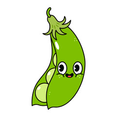 Cute funny peas character. Vector hand drawn traditional cartoon vintage, retro, kawaii character illustration icon. Isolated on white background. Peas pod character concept